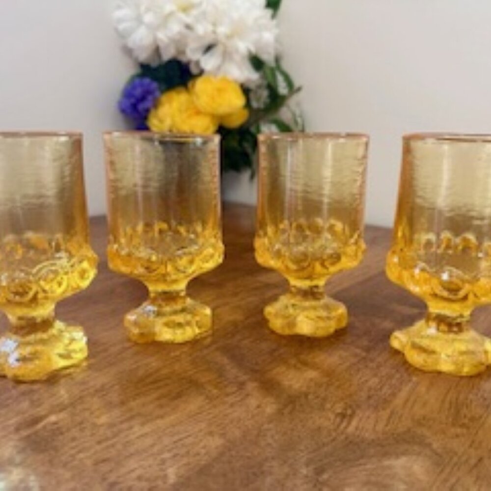 Tiffin Franciscan Madeira Cornsilk Yellow‎ Goblets  - 4 Vintage Textured Glasses